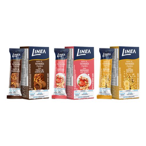 Kit 3 Caixas de Barra de Cereal 3 Grãos Integrais Linea Sabor Banana com Aveia, Morango com Iogurte e Trufa de Chocolate