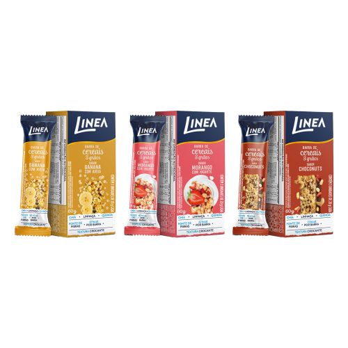 Kit 3 Caixas de Barra de Cereal 3 Grãos Integrais Linea Sabor Choconuts, Banana com Aveia e Morango com Iogurte 3 unidades de 20g