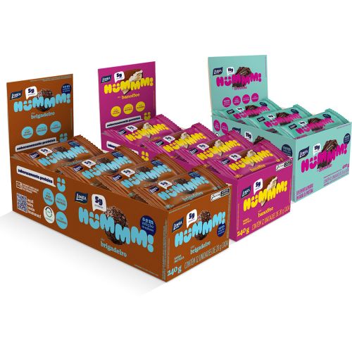 Kit 3 Displays Hummm! Snack Proteico Sabor Brigadeiro, Brownie e Banoffee Caixa com 12 unidades