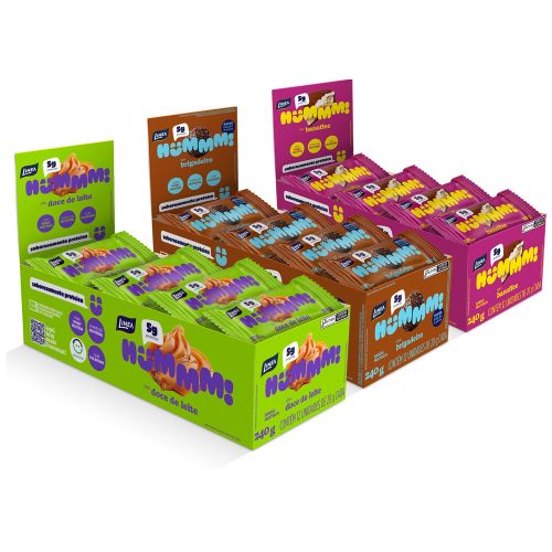 Kit 3 Displays Hummm! Snack Proteico Sabor Brigadeiro, Doce de Leite e Banoffee Caixa com 12 unidades