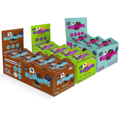 Kit 3 Displays Hummm! Snack Proteico Sabor Brownie, Brigadeiro e Doce de Leite Caixa com 12 unidades