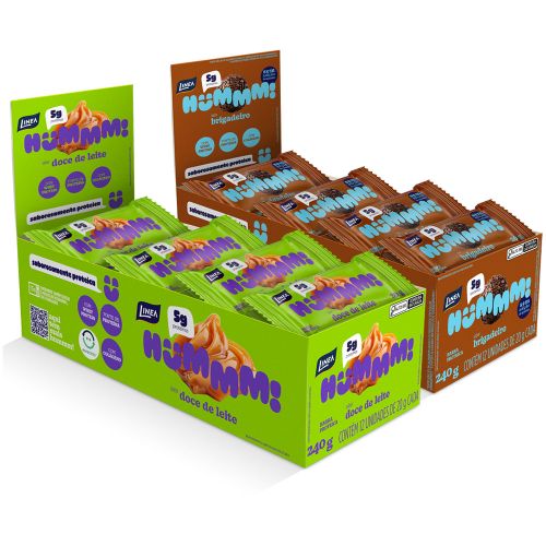 Kit 2 Displays Hummm! Snack Proteico Sabor Brigadeiro e Doce de Leite Caixa com 12 unidades