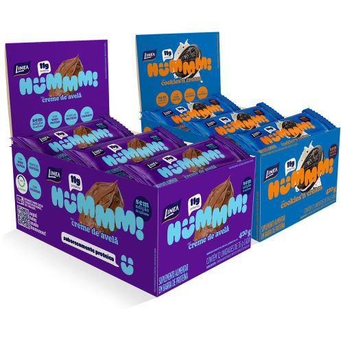 Kit 2 Displays Hummm! Snack Proteico Sabor Cookies’n Cream e Creme de Avelã Caixa com 12 unidades