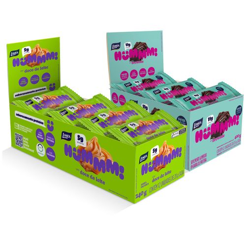 Kit 2 Displays Hummm! Snack Proteico Sabor Brownie e Doce de Leite Caixa com 12 unidades