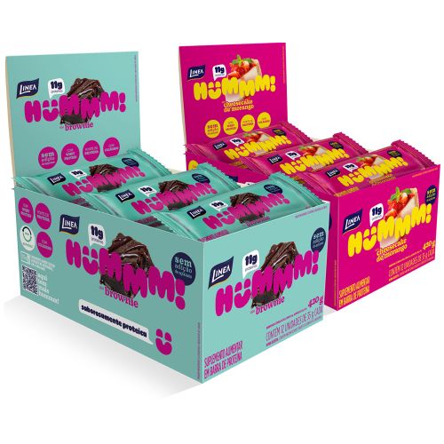 Kit 2 Displays Hummm! Snack Proteico Sabor Brownie e Cheesecake de Morango Caixa com 12 unidades