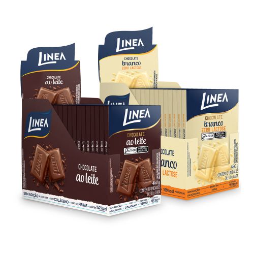 Kit 2 Displays de Chocolate Individual Linea Sabor Branco Zero Lactose e Ao Leite 15 unidades de 30g