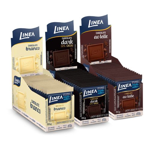 Kit 3 Displays de Mini Chocolate Linea Sabor Ao Leite, Dark e Branco 145 unidades de 13g