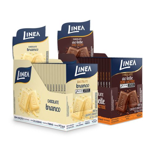 Kit 2 Displays de Chocolate Individual Linea Sabor Ao Leite Zero Lactose e Branco 15 unidades de 30g