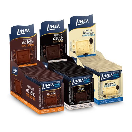 Kit 3 Displays de Mini Chocolate Linea Sabor Ao Leite Zero Lactose, Cookies’n Cream e Dark 15 unidades de 13g