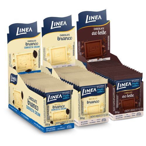 Kit 3 Displays de Mini Chocolate Linea Sabor Ao Leite, Cookies’n Cream e Branco 15 unidades de 13g