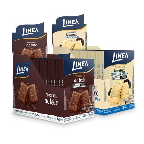 Kit 2 Displays de Chocolate Individual Linea Sabor Branco Cookies’n Cream e Ao Leite 15 unidades de 30g