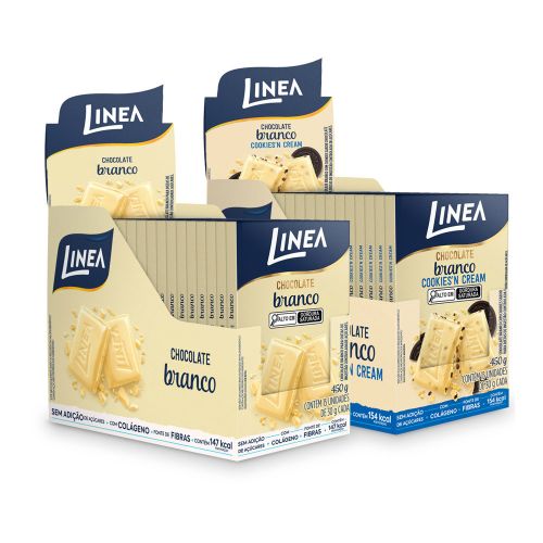 Kit 2 Displays de Chocolate Individual Linea Sabor Branco Cookies’n Cream e Branco 15 unidades de 30g