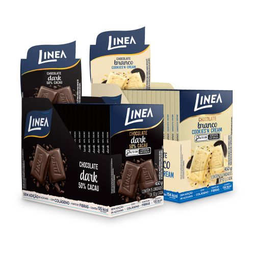 Kit 2 Displays de Chocolate Individual Linea Sabor Branco Cookies’n Cream e Dark 15 unidades de 30g