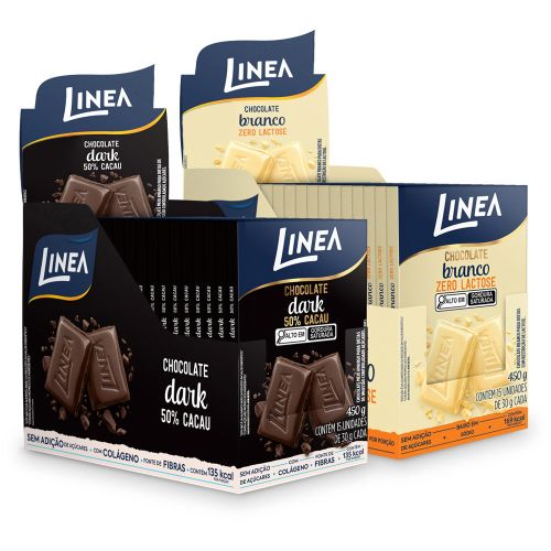 Kit 2 Displays de Chocolate Individual Linea Sabor Branco Zero Lactose e Dark 15 unidades de 30g