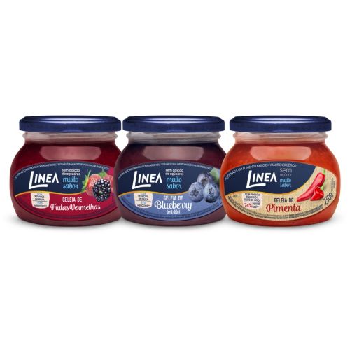 Kit 3 Geleias Linea Sabor Pimenta Vermelha, Frutas Vermelhas e Mirtilo de 230g